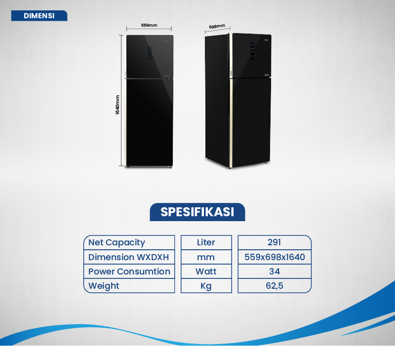Kulkas AQUA Elektronik AQR-385IG Dimensi WxDxH 559x698x1640