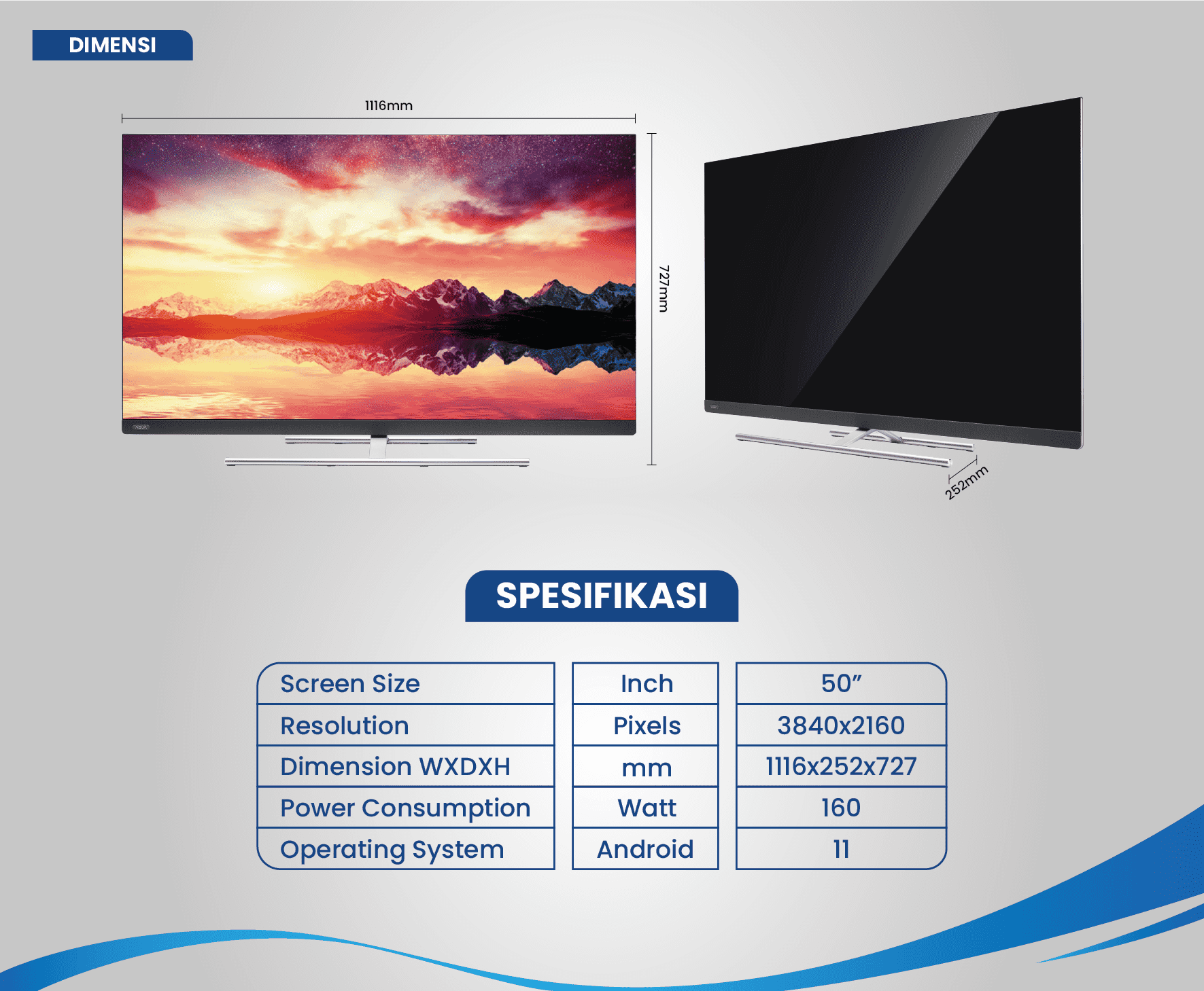 DIMENSI TV AQUA Elektronik LE50AQT7000QU PRO