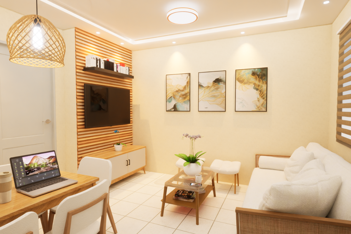 ruang tamu dengan warna kuning pastel