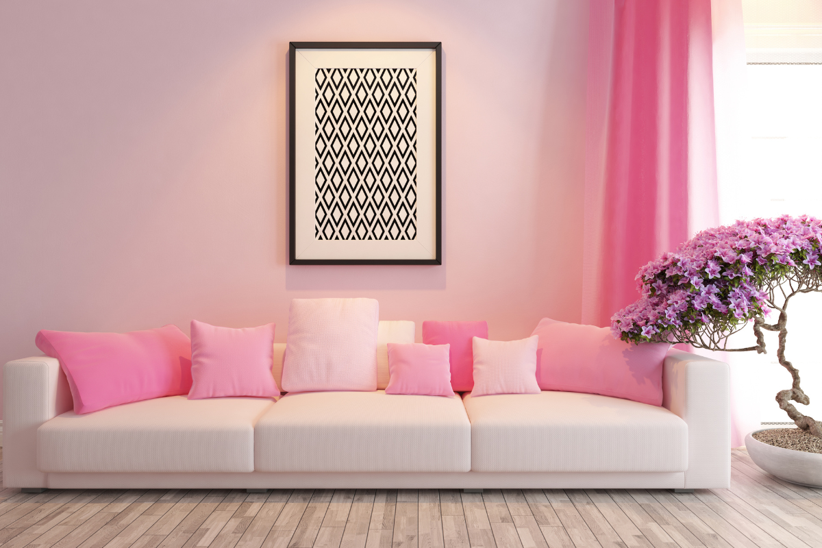 ruang tamu dengan warna soft pink